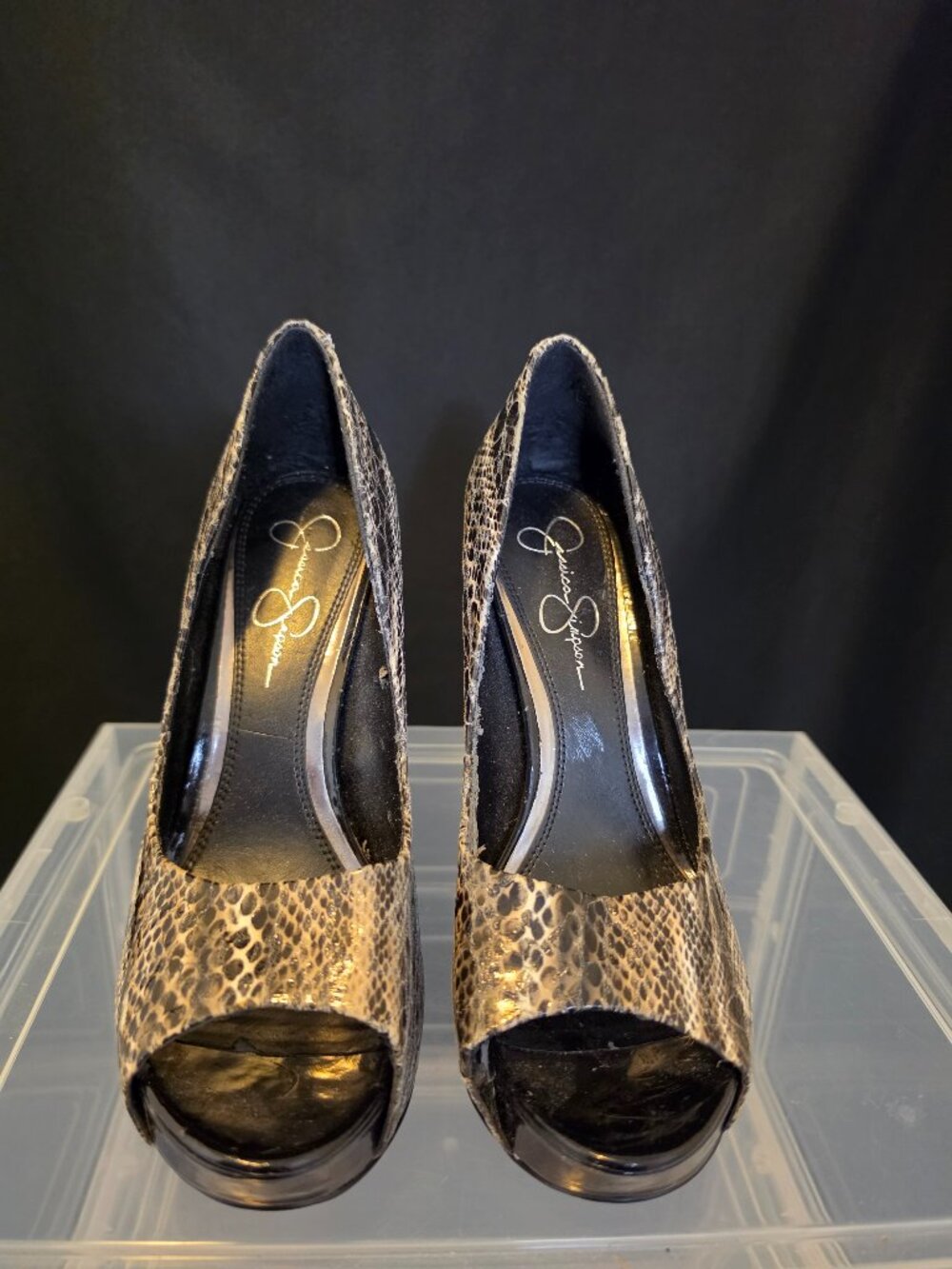 Jessica Simpson Snakeskin Print Peep Toe Platform Stiletto Heels Pumps